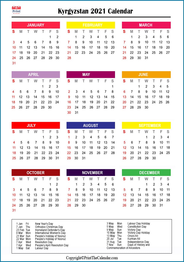 Kyrgyzstan Printable Calendar 2021